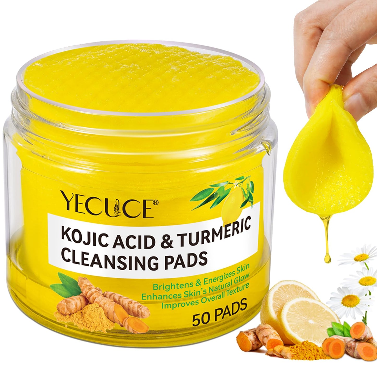 Turmeric Kojic Acid Vitamin C Exfoliating Pads - 50 Count for Oil Control, Hydration & Dullness Reduction - Face & Body Cleansing Pads
