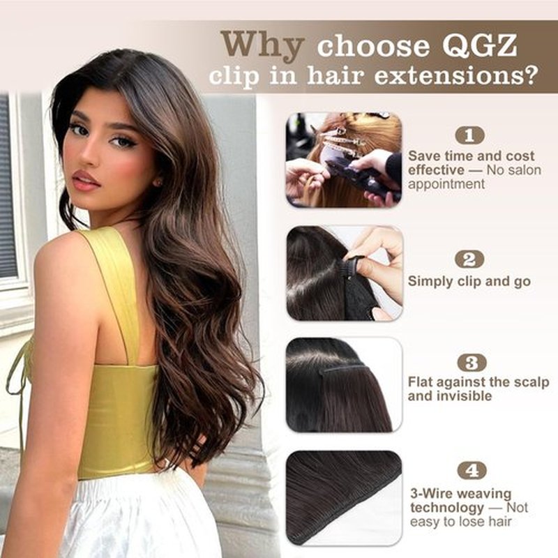 QGZ Clip in Hair Extensions for Women 4 PCS Set of Thick, Synthetic Long Wavy Hairpieces 20 Inch Ash Blonde mix Light Blonde