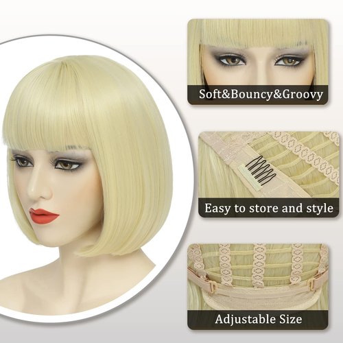 YBYMCAI Blonde Bob Wig For Women Short Blonde 613 Bob Wig With Bangs Straight Bob Bangs Wig 10 Inch Heat Resistant Synthetic Hair Natural Looking For Daily Party Use