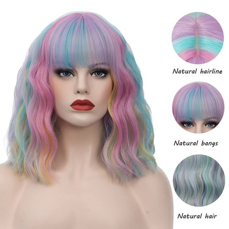 WGPFWIG Women's Multi Color Rainbow Wig Short Curly Wavy Wig Shoulder Length Flat Bangs Wig For Women Girl Cosplay Party Halloween Wig Cap Included (Multi Color Rainbow)