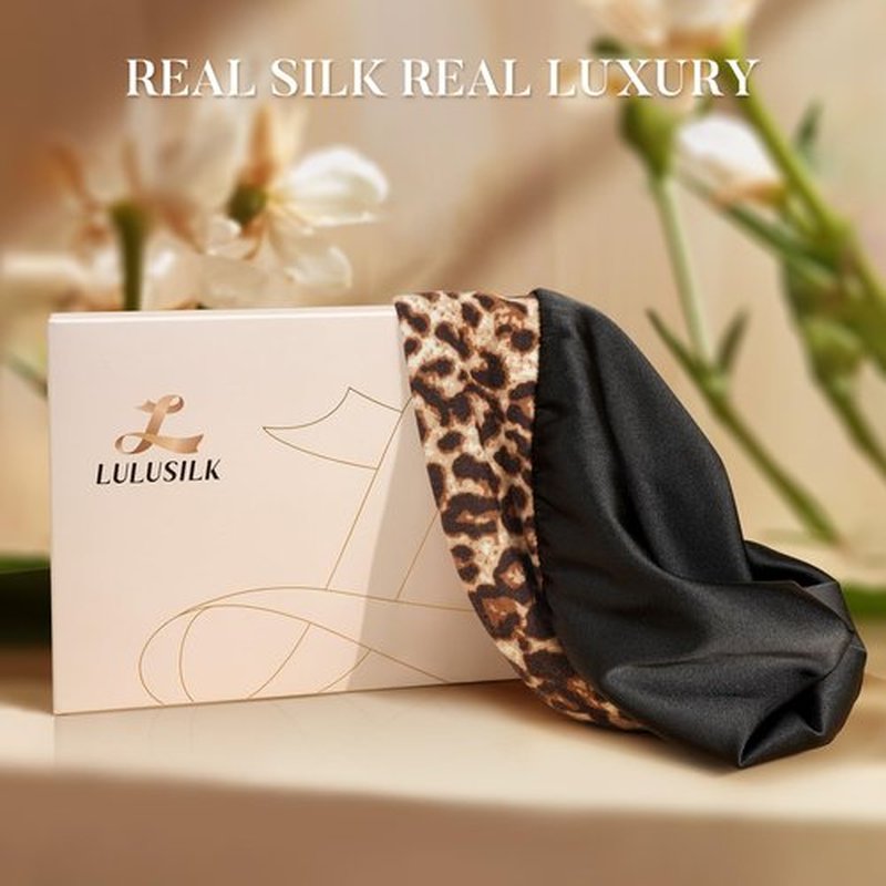 LULUSILK 100% Mulberry Silk Lined Sleep Cap Silk Bonnet for Sleeping, No More Frizzy Tangled Hair, Stay On All Night Adjustable Silk Hair Wrap for Sleeping, Brown Leopard, Pack of 1