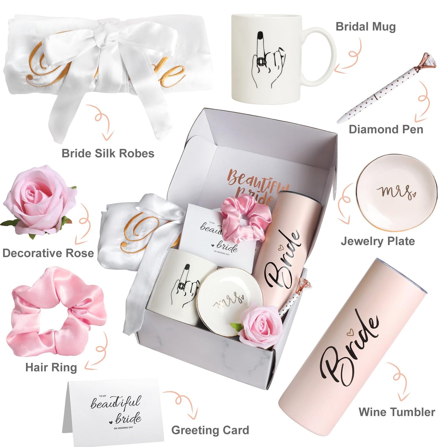 Frerdui 8Pcs Bridal Shower Gift, Bride to Be Gifts, Bridal Shower Gifts for Bride to Be, Gift Box Sets Bridal Silk Robes Tumbler Cup Mug Jewelry Tray, Wedding Engagement Gift for her(M)
