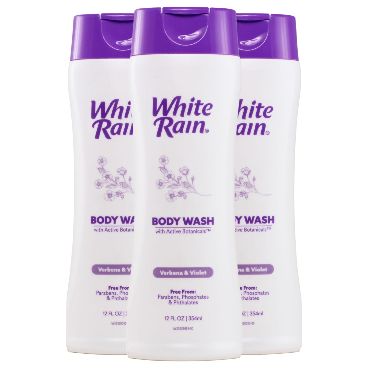 White Rain Verbena & Violet Body Wash for Women - Gentle Shower Gel with Aloe, Vitamin E & Walnut Shell Powder for Mild Exfoliation, Fresh Floral Scent, Everyday Use, Made in USA, 12 fl oz, Pack of 3