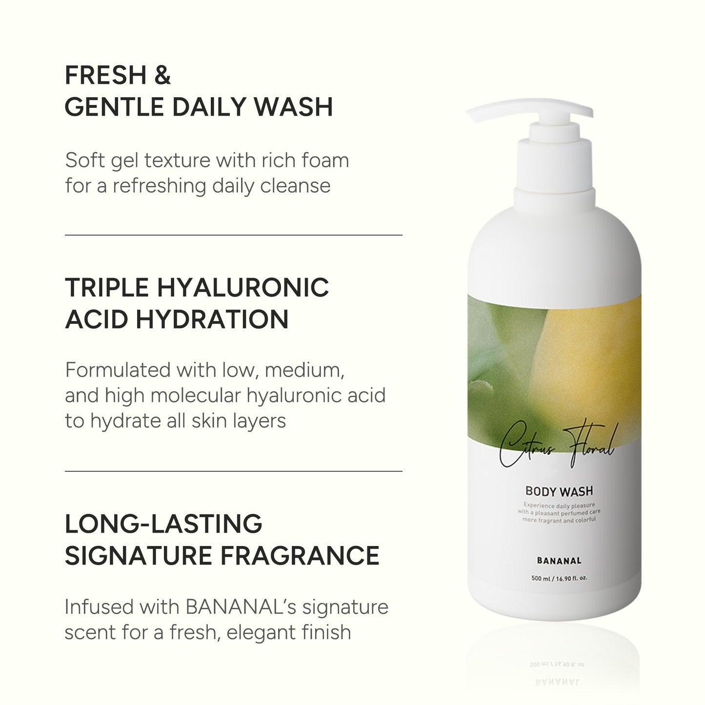 BANANAL Korean Body Wash with Hyaluronic Acid & Aloe – Hydrating Moisturizing Cleanser for All Skin – Infused with Natural Extracts – Paraben & Silicone-Free – Citrus Floral, 500ml / 16.9 fl oz