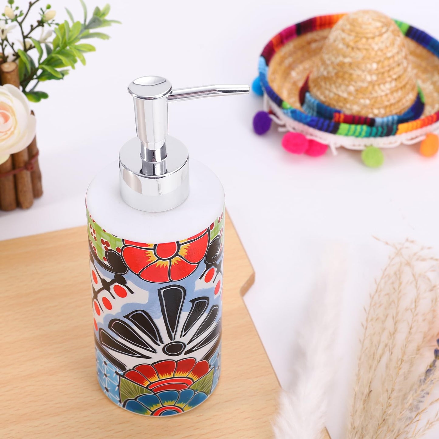 FYSUIMU Mexican Talavera Soap Dispenser Ceramic Dispenser with Pump Vintage Floral Refillable Liquid Soap Container for Mexican Fiesta Cinco De Mayo Home Kitchen Bathroom