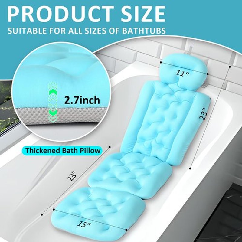 Luxury Full Body Bath Pillow for Bathtub, Bath Pillows for Tub with Mesh Laundry Bag & Non-Slip Suction Cups, Cushion for Bathtub Headrest Neck Back Support - 5D Air Mesh & Quick Drying | Ocean Blue