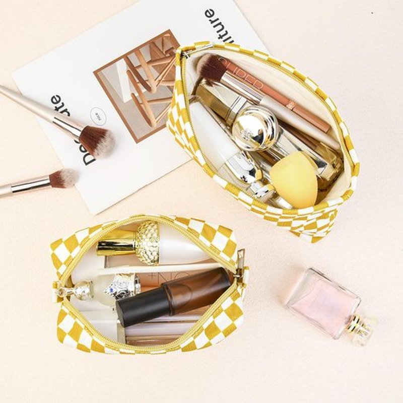 SOIDRAM 2 Pcs Checkered Makeup Bag Large Cosmetic Bag Toiletry Bag Makeup Pouch Travel Bag Organizer Cute Makeup Brushes Aesthetic Accessories Storage Bag for Women Golden Yellow