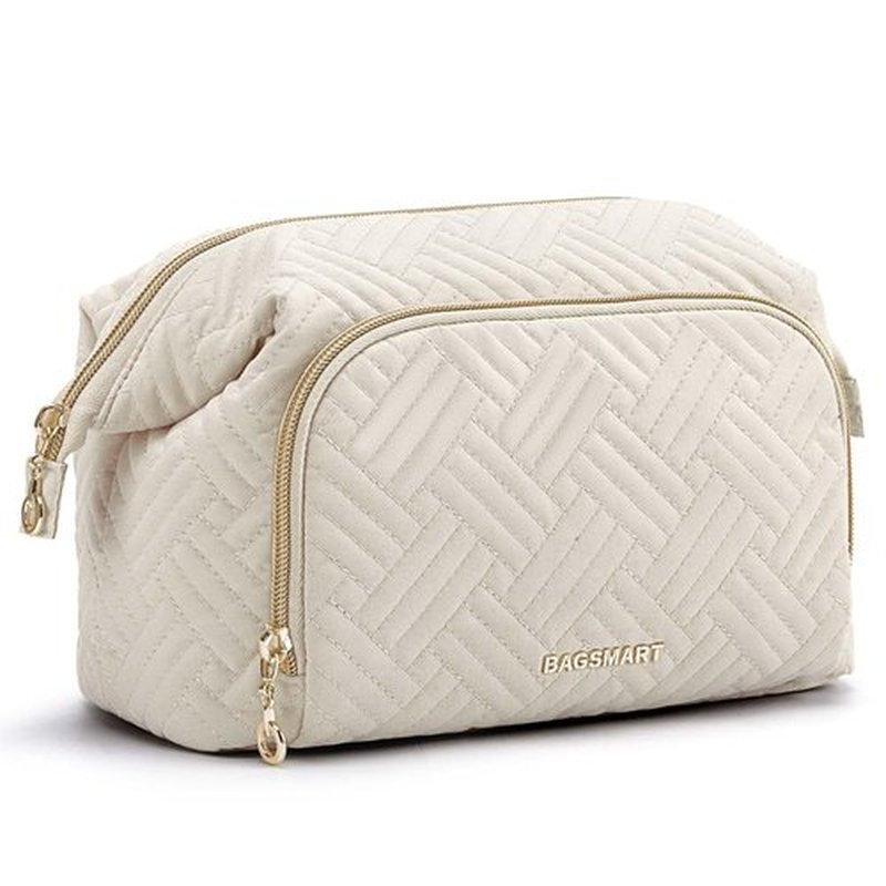 BAGSMART Travel Makeup Bag, Cosmetic Bag Small Make Up Organizer Case,Wide-open Pouch for Women Purse for Toiletries Accessories Brushes,Large Beige