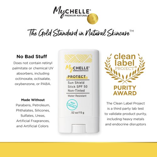 Mychelle Dermaceuticals Sun Shield Stick Spf 50 Non-Tinted - Natural Liquid Zinc Sunscreen Vitamin E and Jojoba - Water Resistant up to 80 Minutes - Sunscreen for Face, Reef Safe, Safe for Children
