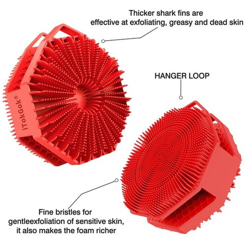 iTokGoK® Premium Silver-Infused 2-in-1 Silicone Body Scrubber, Double-Sided Design Body Brush Silicone Body Scrubber Exfoliating Body Brushes for All Skin for Showering, Lathers Well- Red