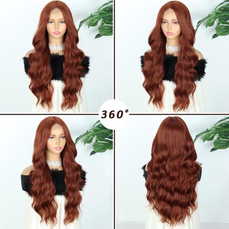 LINGHANG Long Auburn Wavy Wigs for Women 26 Inch Long Copper Red Middle Part Copper Curly Wavy Wig Natural Looking Synthetic Auburn Long Wig for Daily Party Use (Auburn)