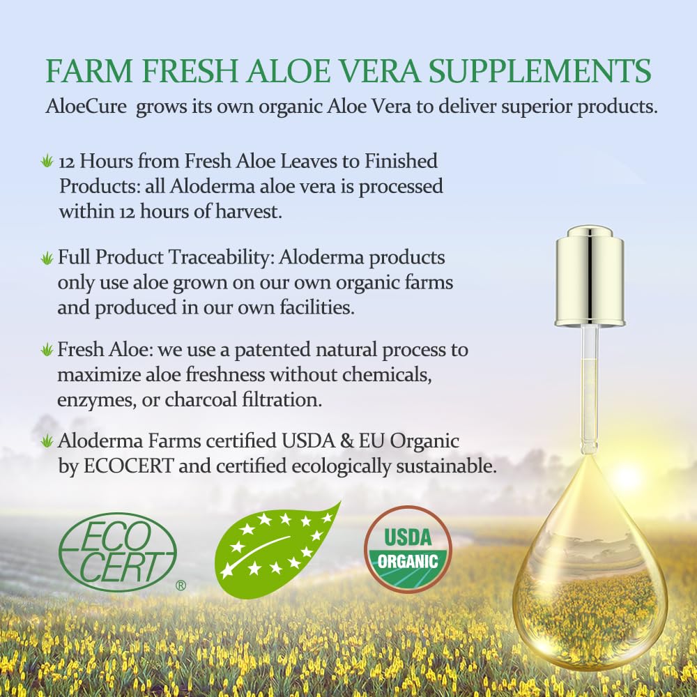 AloeCure USDA Organic Aloe Vera Juice Lemon Flavor - Made Within 12 Hours of Harvest - Natural Digestive Supplement for Balanced Stomach Acidity - Support Digestive and Immune Health - 1 Btl x 16.7oz