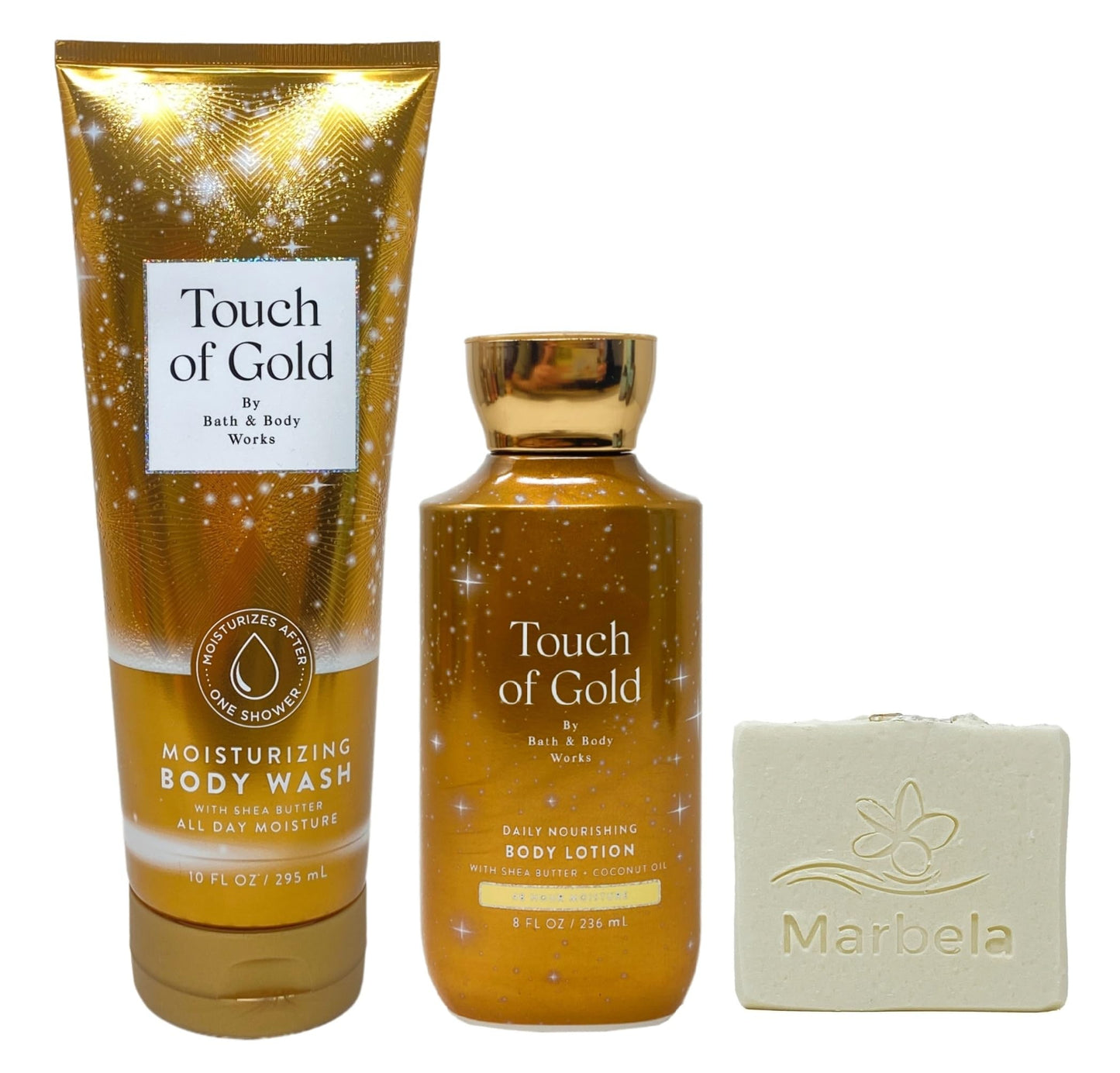 Bath & Body Works Touch of Gold Moisturizing Body Wash and Body Lotion Duo Set with a Natural Oats Bar Soap - Full Size
