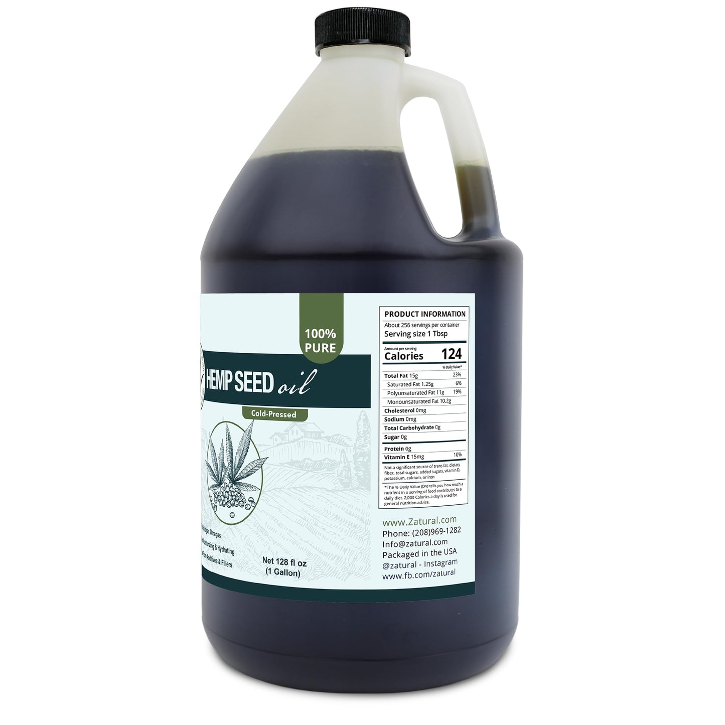 Zatural 100% Pure Hemp Seed Oil - Food Grade & Cold Pressed - Virgin Hemp Oil for Cooking, Smoothies, and Salads (1 Gallon)