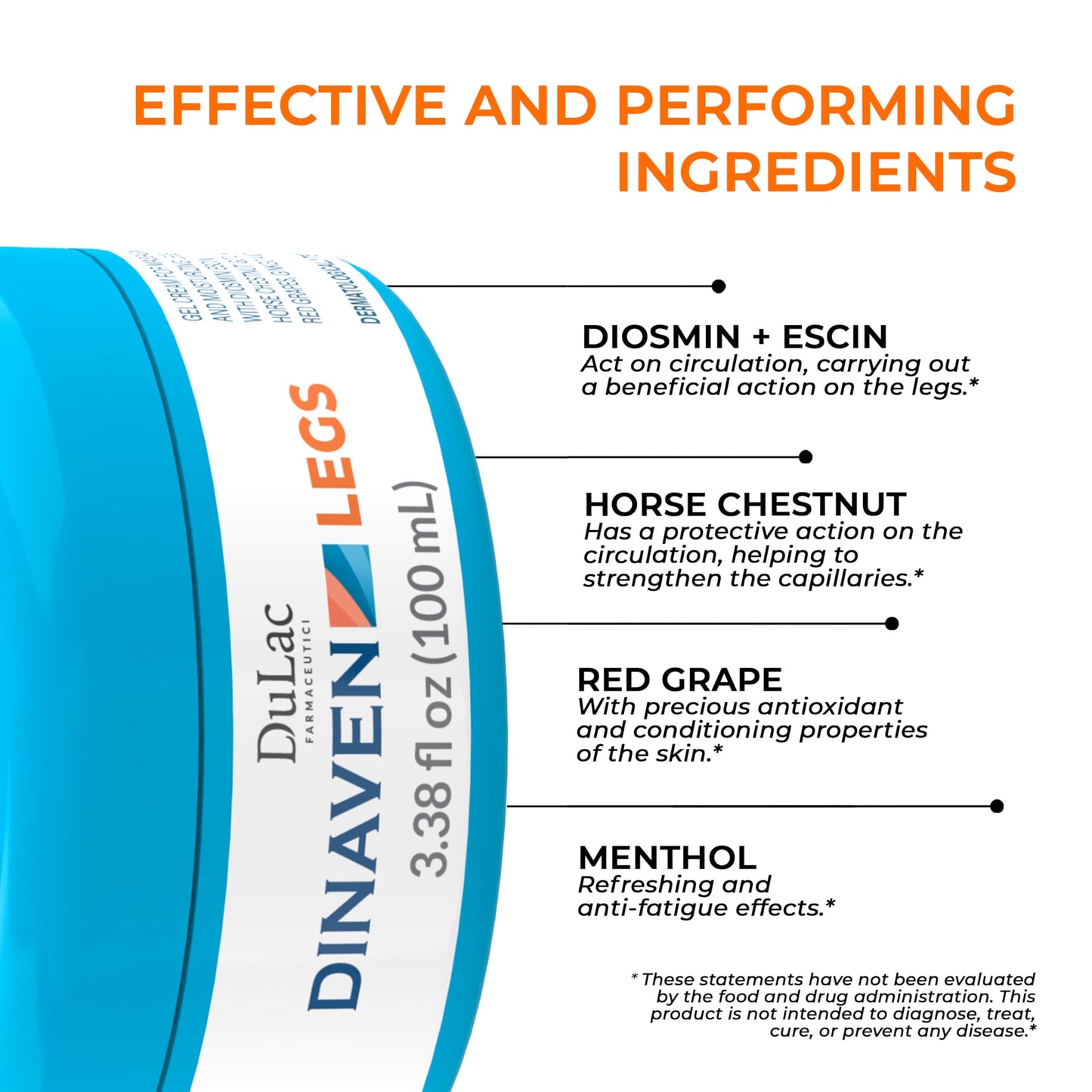 Dulac, Dinaven Legs Gel Cream, Cooling & Refreshing, with Diosmin & Menthol, Horse Chestnut Extract, Butcher's Broom & Red Vine, Fast-Absorbing, Non-Greasy, Daily Leg Care, 3.38 fl oz, Made in Italy