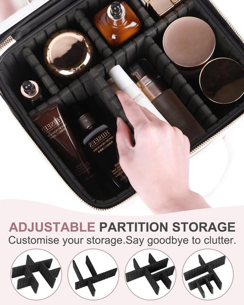 MAYFIY Makeup Bag with LED Mirror and Travel Makeup Train Case Cosmetic Organiser with 2X3X Magnifying Mirror and Separate Makeup Brush Panel, Portable Adjustable Divider Storage Bag, Creamy-white