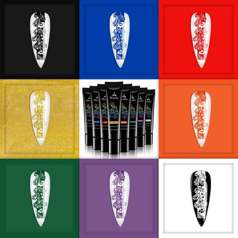 8 Colors Nail Stamping Polish Gels Nail Stamper Kit + 4pcs Nail Stamp Templates + 1 Peel Off Nail Tape Stamp Latex Bose Coat & Top Coat with Scraper Flower Holiday Art Design Gift DIY Manicure