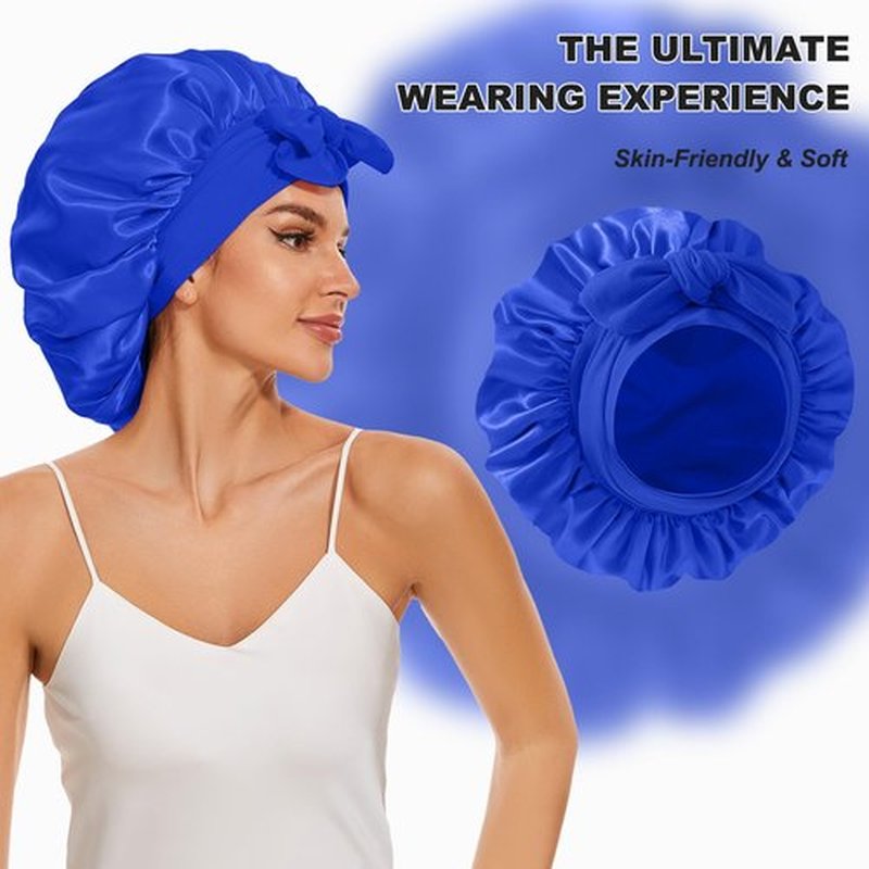 Large Silk Bonnet for Sleeping, Double Layer Satin Lined Hair Bonnets for Women Men with Tie Band Shower Cap