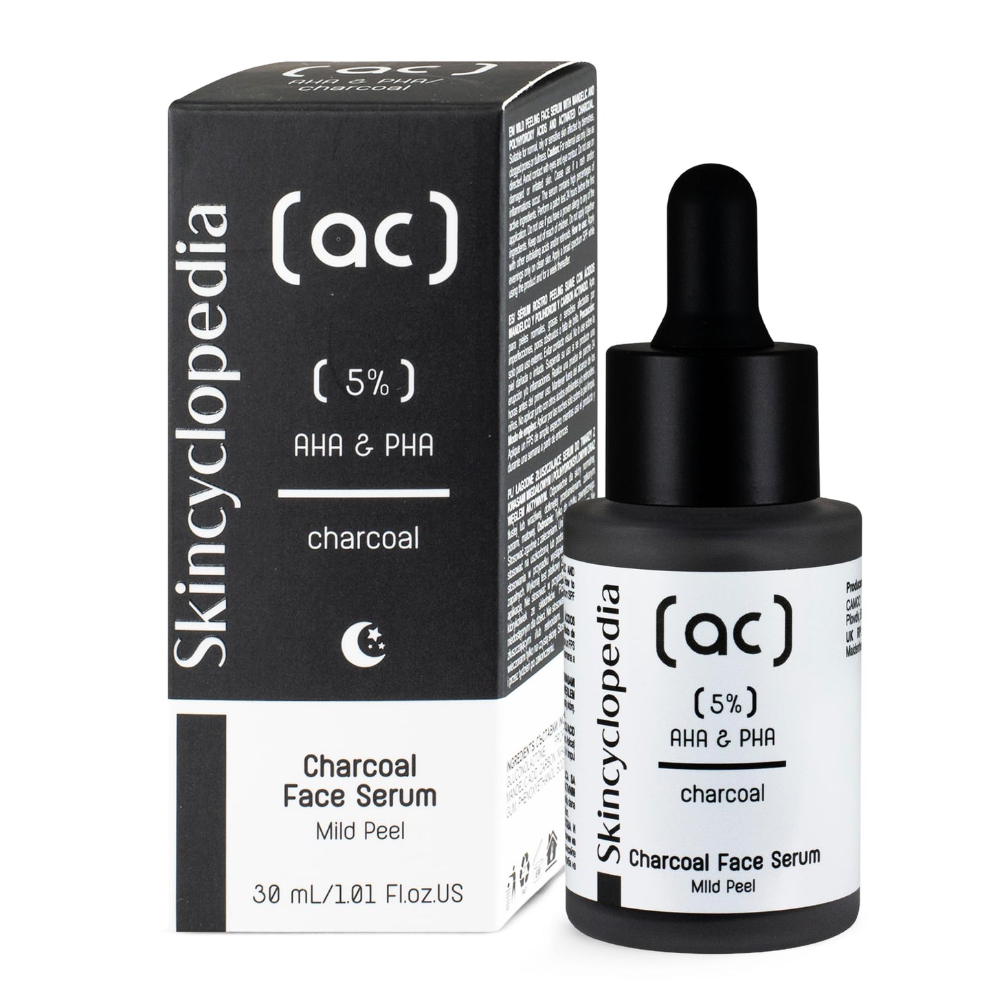 Skincyclopedia Pure AHA & PHA Charcoal Face Peel Serum, High Detox Complex, Anti Aging Intense Hydration, Wrinkle Reducing, Targets Fine Lines, Large Pores & Age Spots. High Detox Peel Exfoliation.