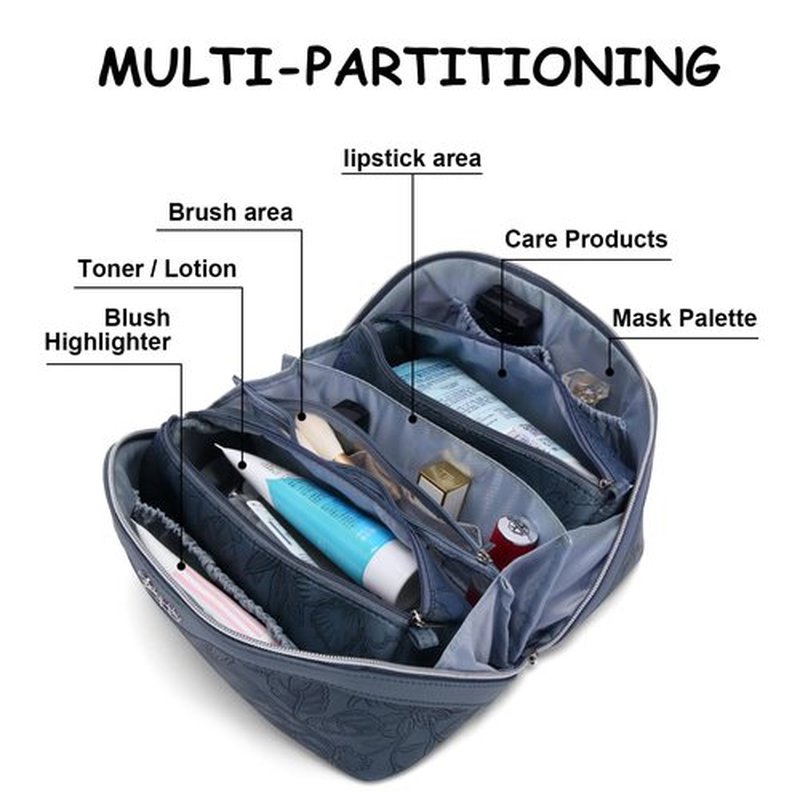 Travel Makeup Bags Cosmetic Organizer Bag: 3-Set Large Capacity Make up Bag - PU Leather Toiletry Bag for Women - Wide Open Portable Pouch with Divider & Handle (02-Dark Blue)