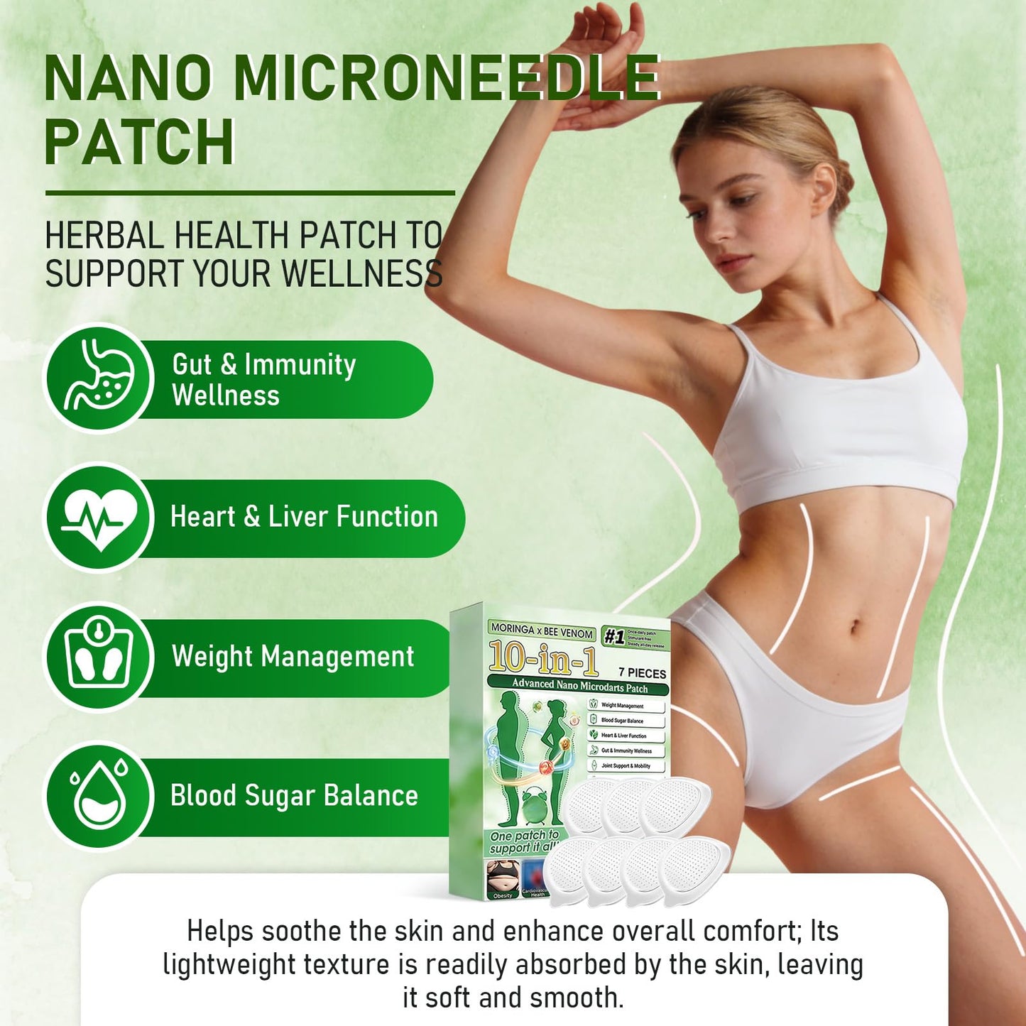 elesysy Moringa 10-in-1 Advanced Nano Microdarts Patch,Moringa Patches - 7 tablets/box, Natural Skin Patches for Women and Men - Gentle Formula for All Skin (2 PCS, 2 Boxes)