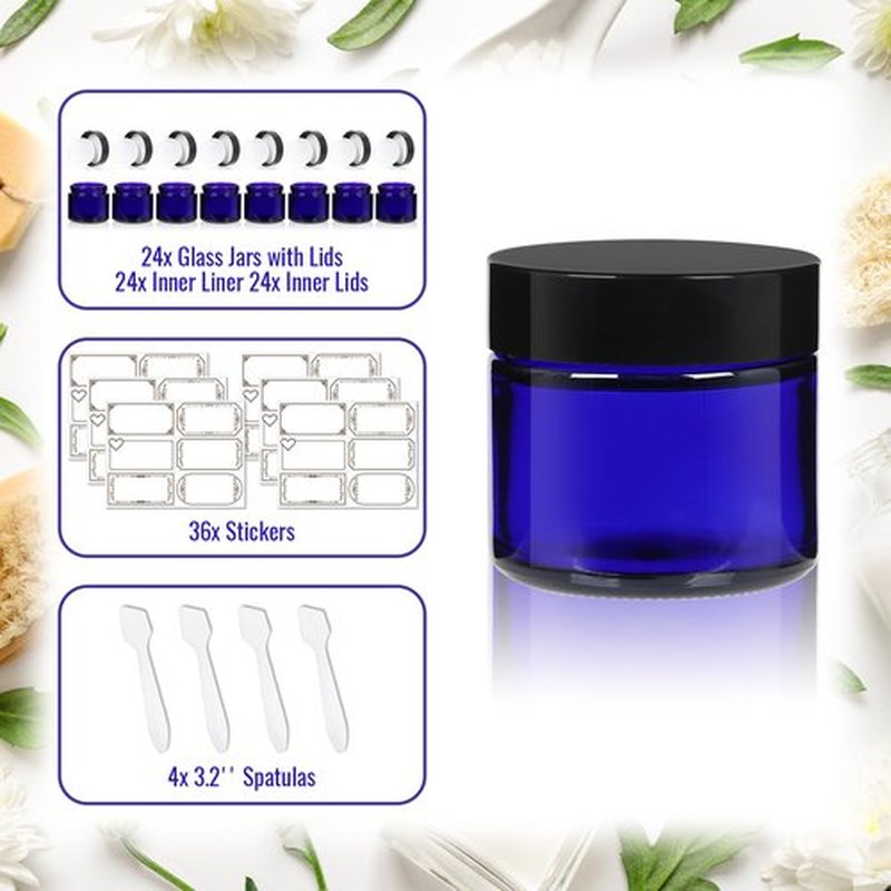 Jaisie.W 2 oz Glass Jars with Lids 24Pack- Portable Small Glass Jars with Lids 2 oz,Empty Cosmetic Jars for Lotions,Scrubs(2fl. oz, Set of 24)