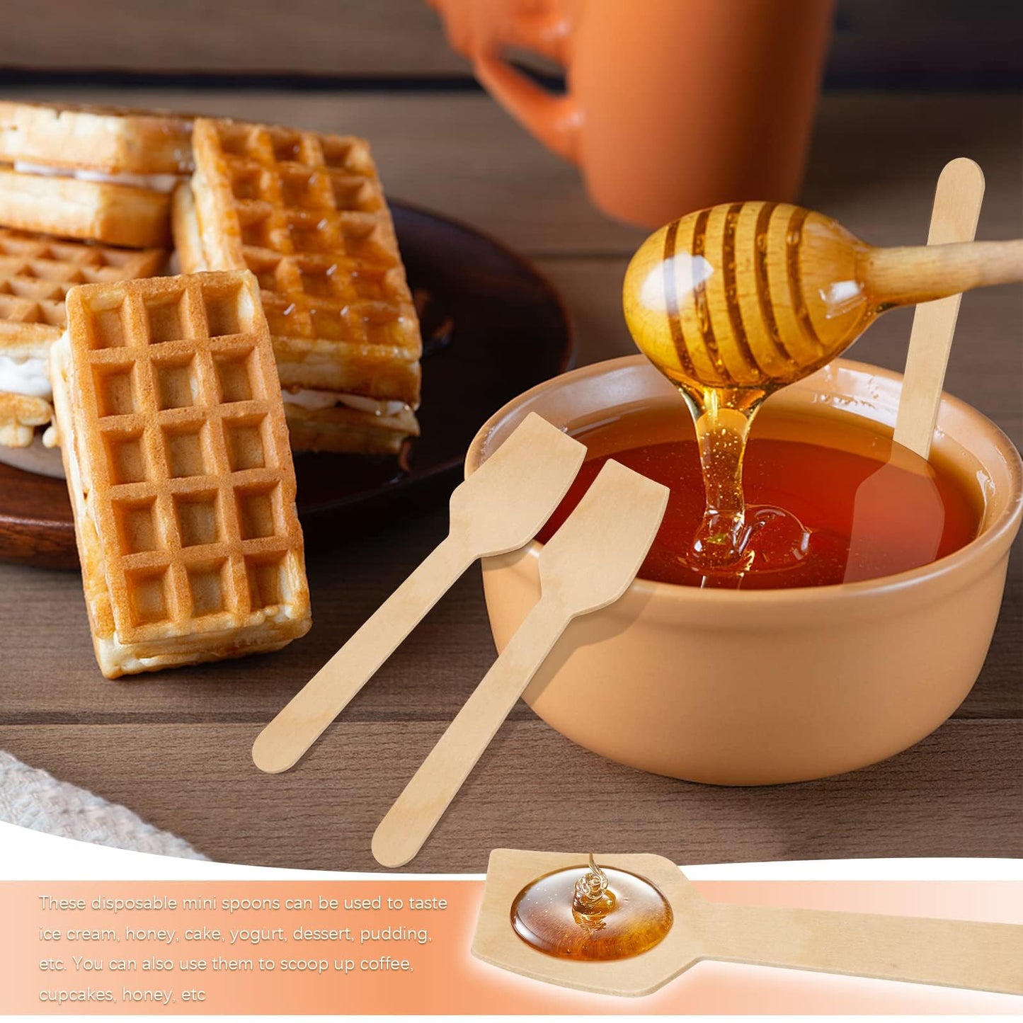 WYOMER 300 Pcs 3.75" Disposable Mini Wooden Tasting Spoons - Bulk Small Wood Spoons for Ice Cream Sampling, Honey, Desserts, Charcuterie Board & Tasting Events