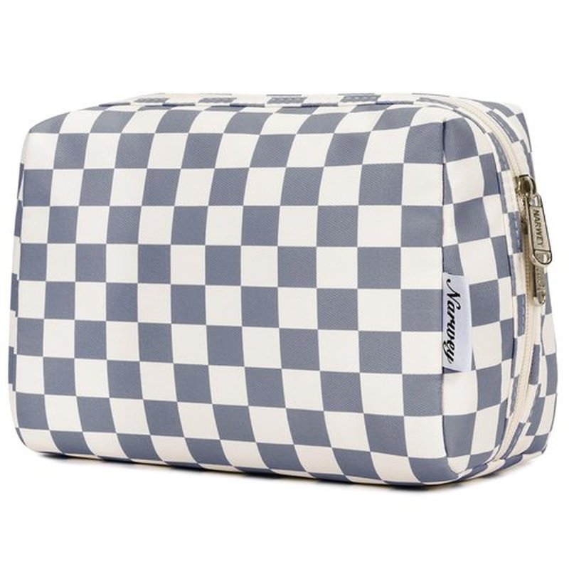 Narwey Large Checkered Makeup Bag Zipper Pouch Travel Cosmetic Bag Organizer for Women (Large, Grayish Blue Checkerboard)