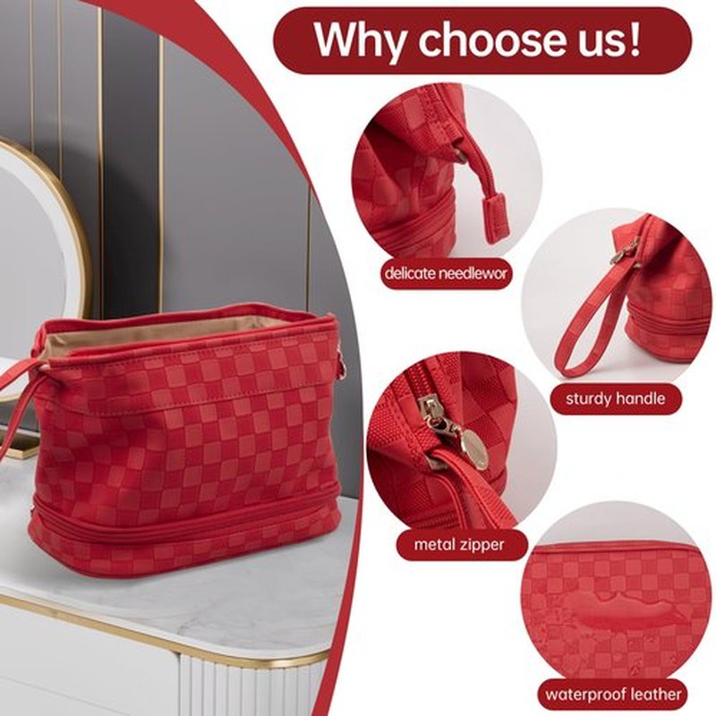 Abiudeng Large Makeup Bag,Waterproof Cosmetic Bag,Make up Travel Bag Essentials,Cute Travel Toiletry Bag for Women Makeup Bag Organizer with Bottom Pouch,Red Travel Size Toiletries Bag for Women