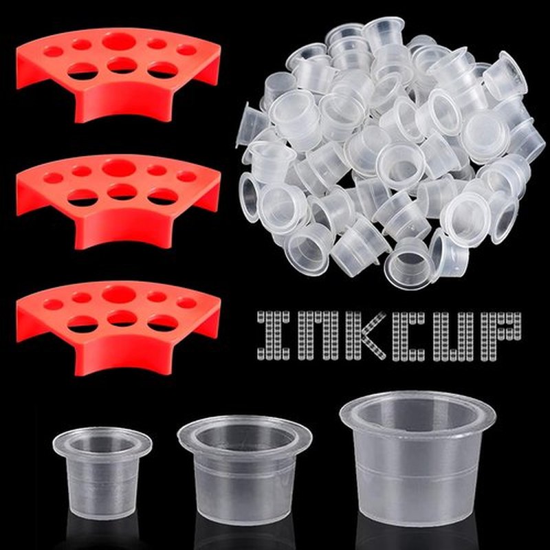 WZPB Tattoo Ink Caps with Cup Holder - 300 Mixed Size Tattoo Ink Cups 100 Small 100 Medium 100 Large with 3 Red Tattoo Ink Cap Holders Permanent Makeup Container for Tattoo Ink Tattoo Supplies…