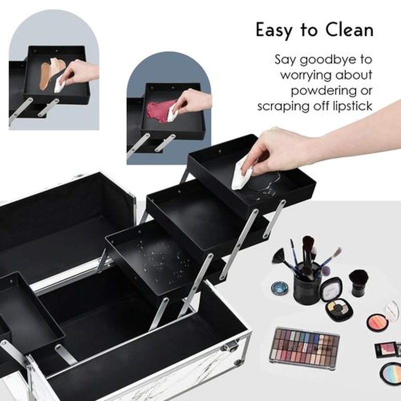 Frenessa Makeup Train Case Marble Leather Cosmetic Organizer Case 12 Inch Large Makeup Box 6 Trays Makeup Storage Organizer for Makeup Artist, Nail Tech Students, Craft Tools Travel Makeup Case Marble