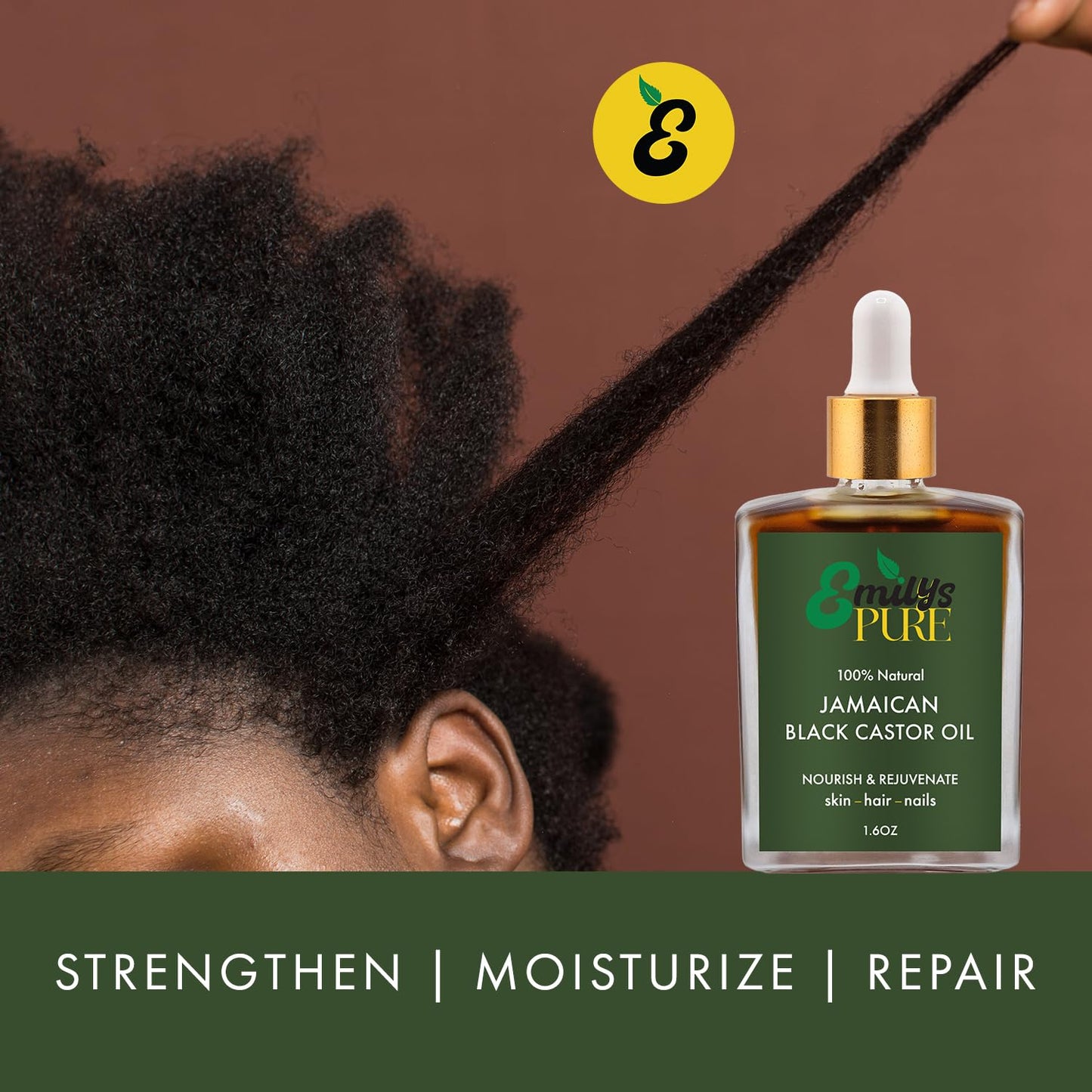 Emily's Pure Jamaican Black Castor Oil 1.6oz – 100% Pure, Authentic Fire Roasted Oil for Hair Growth Support, Scalp & Beard Care, Eyelashes & Eyebrows, Hexane Free