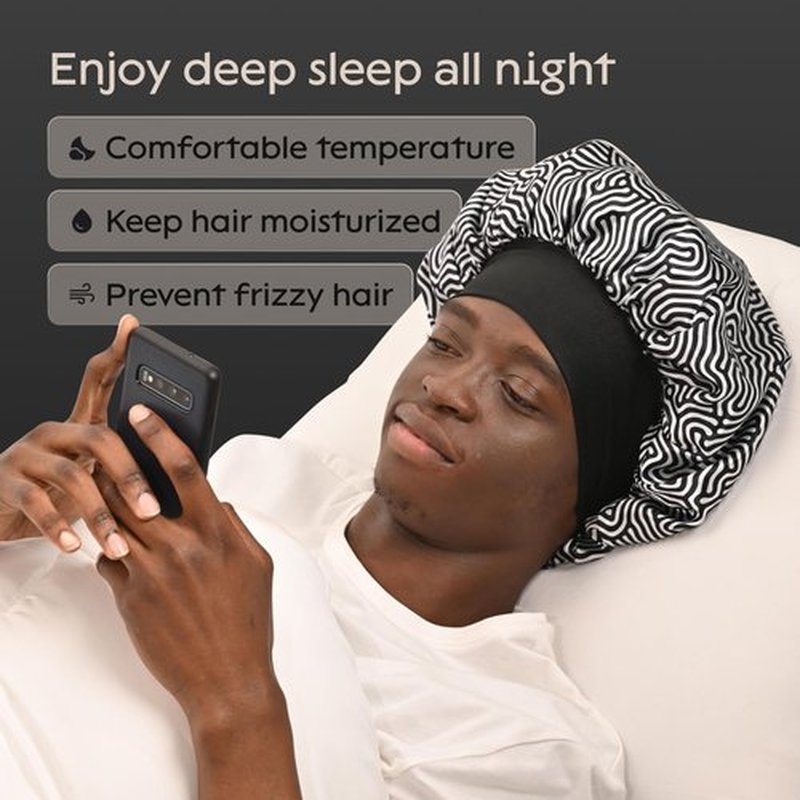 Niagara Satin Bonnet Men - Black & White Bonnet for Sleeping Men - Reversible Night Cap - Mens Bonnet for Curly Hair - Large Bonnet with Double Layer