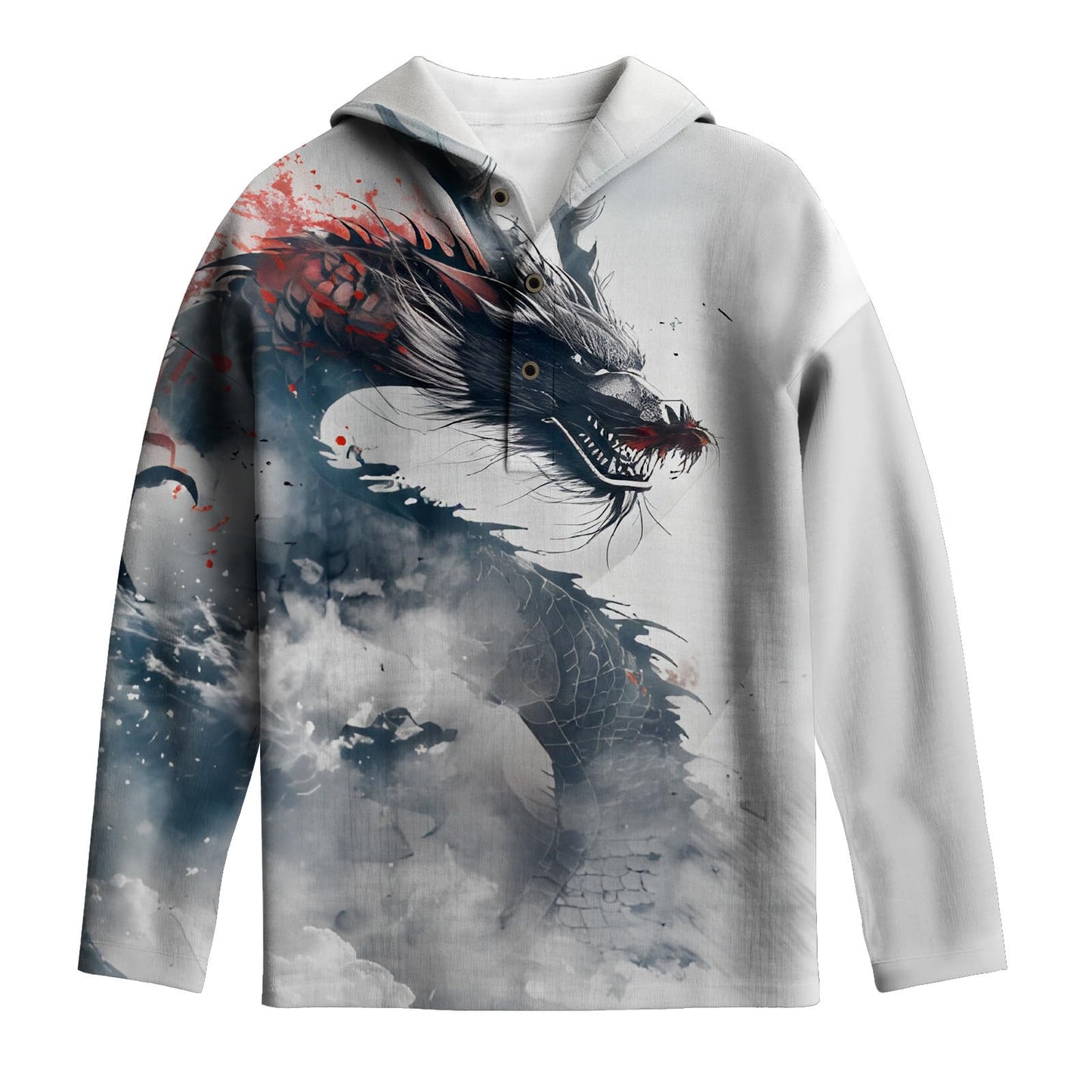 LOAIHA Men's Ink Wash Sweatshirt Long Sleeves Button Down Pullover Vintage Printed Oversized Casual Hooded Sweatshirts