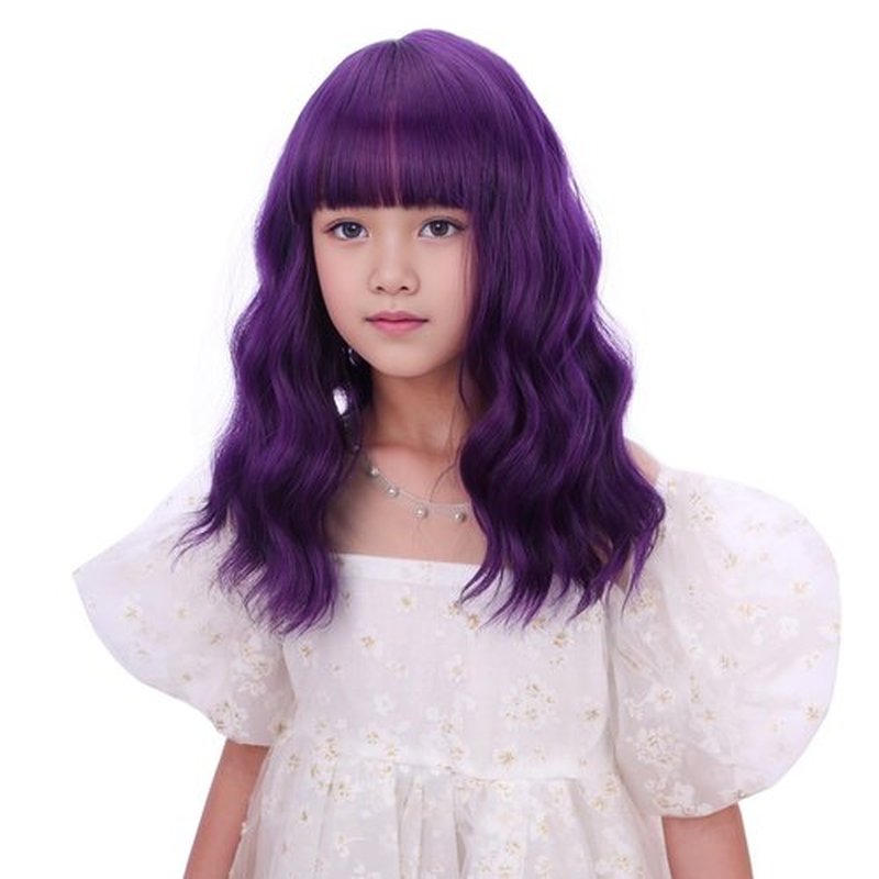 Edivd Child Dark Purple Wig Kids Short Purple Wig with Air Bangs Wavy Curly Purple Wig for Girls Heat Resistant Synthetic Wig with Wig Cap
