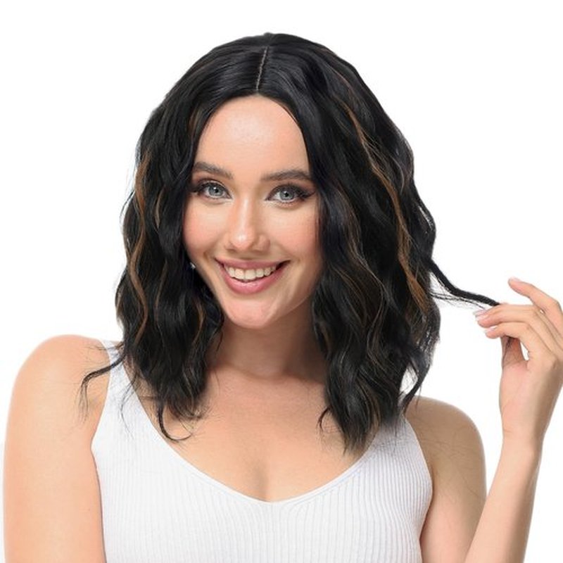 Rose bud Wavy Bob Wig Natural Wig Dark Brown mix Bleach Blonde Synthetic Hair Shoulder Length Short Curly Middle Part Lace Front Wigs for Women
