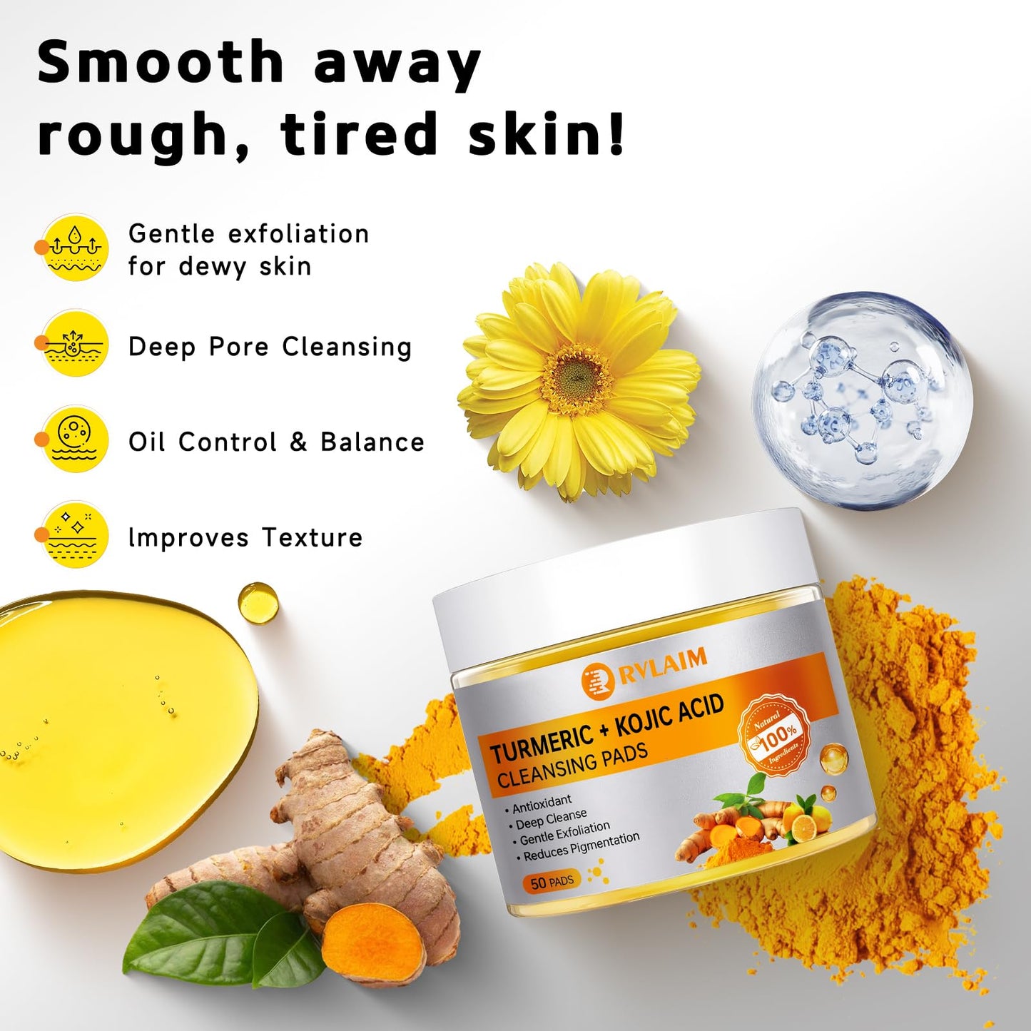Turmeric Kojic Acid Cleansing Pads, 40 PCS Turmeric Pads for Face Dark Spots Cleansing & Exfoliation