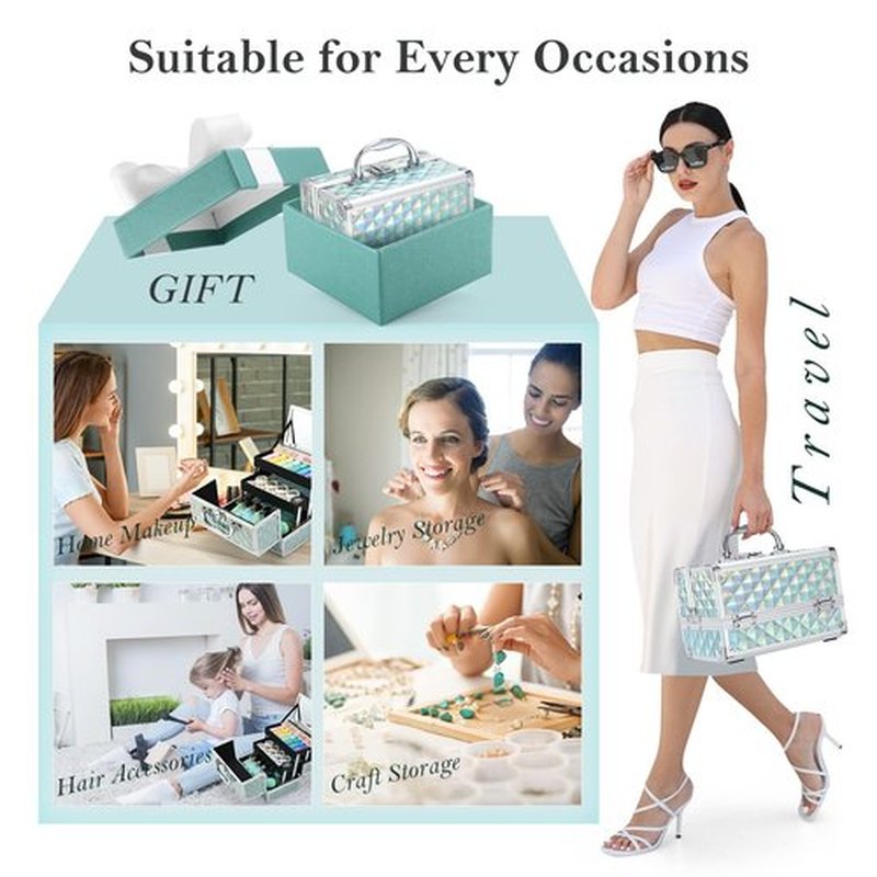 FRENESSA Makeup Train Case Portable Cosmetic Box Makeup Case Organizer with Mirror 2 Trays Lockable Makeup Storage Box for Cosmetologist, Makeup Tools, Craft Travel Cosmetology Case Blue