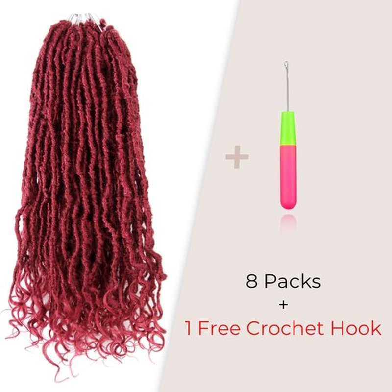 Niseyo Wild Locs 14 Inch Distressed New Faux Locs with Curly Ends 8 Packs Long Soft Pre-looped Goddess Locs Crochet Hair (118#, Burgundy)