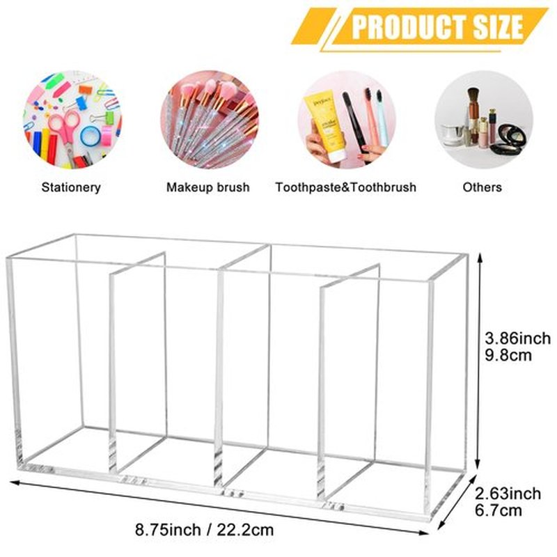 Clear Makeup Brush Organizer,Acrylic Cosmetic Brushes Storage Holder with 4 Slots,Pencil Pen Holder for Desk,Desk Organizer and Accessories for Vanity