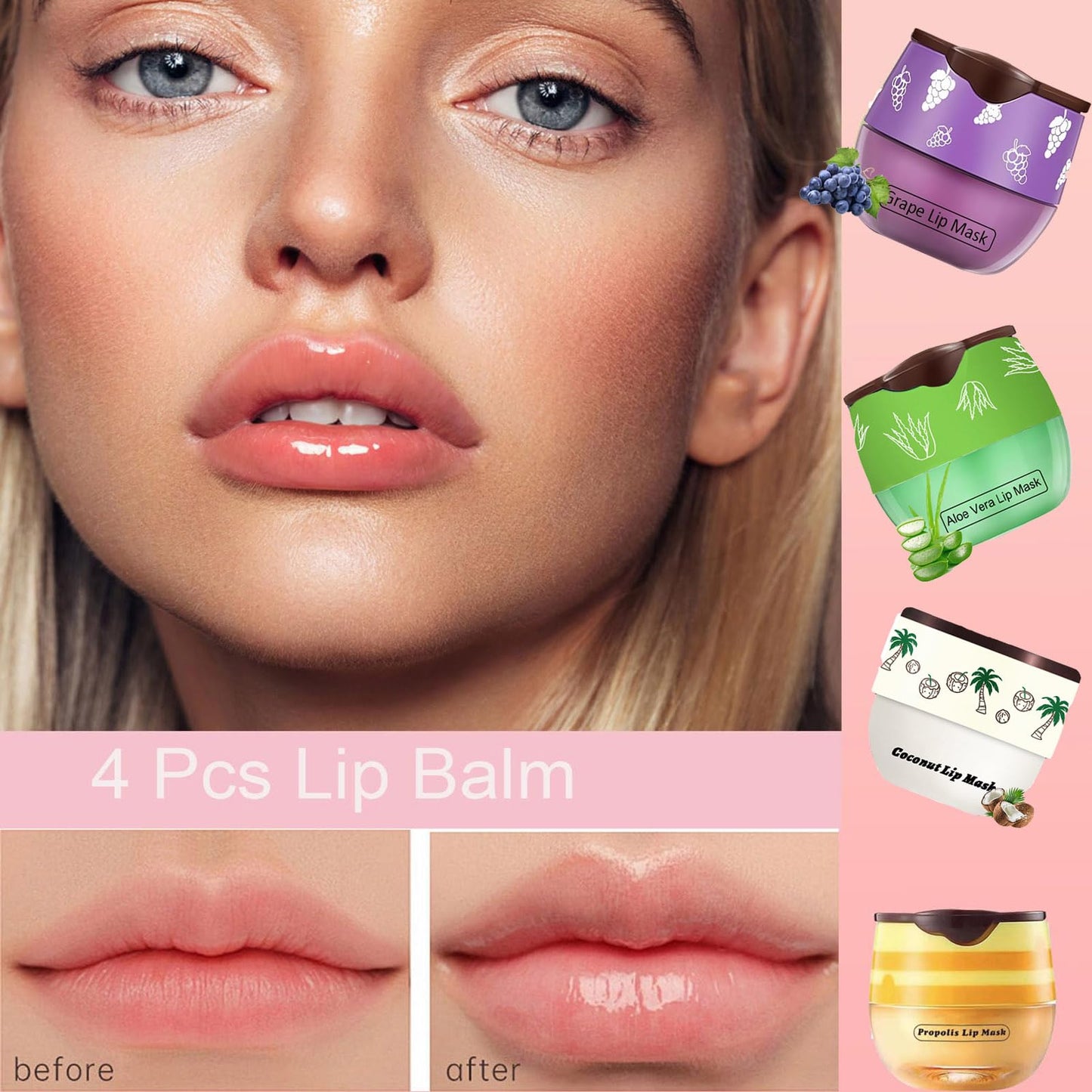 TIRDET 4 PCS Bee Lip Balm Honey Pot, Honey Coconut Aloe Vera Grape Sleeping Lip Mask Overnight with Sticks, Exfoliating Prevention Dry and Crack Lip Scrubs