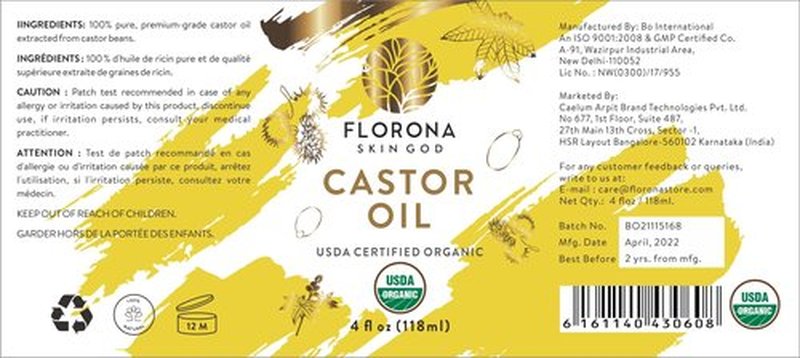 FLORONA Castor Oil 4 fl oz for Hair, Lashes & Brows 100% Pure & Cold-Pressed USDA Certified Organic to Strengthen, Moisturize & Condition