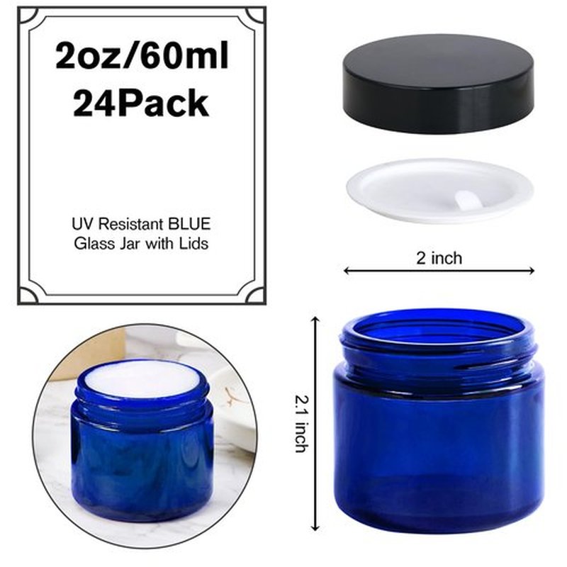 2oz Jars with Lids, Hoa Kinh 24 Pack Blue Glass Jars with Lids Empty Cosmetic Containers Round Airtight Glass Jar with Inner Liners and black Lids for Storing Lotions, Powders, and Ointments