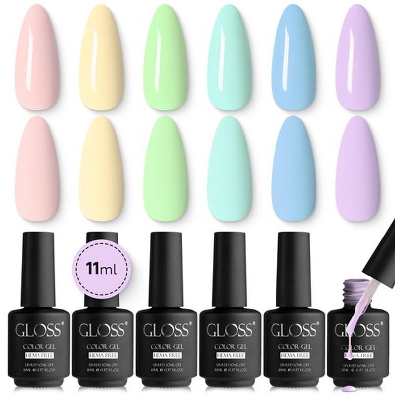 GLOSS HEMA Free Gel Polish Set | 6 Pcs Pastel Gel Nail Polish with Beige, Light Purple, Cream, Light Green, Mint & Baby Blue Colors, Soak Off UV LED Gel Polish, Nail Art Gel, DIY Nail Gifts for Girls