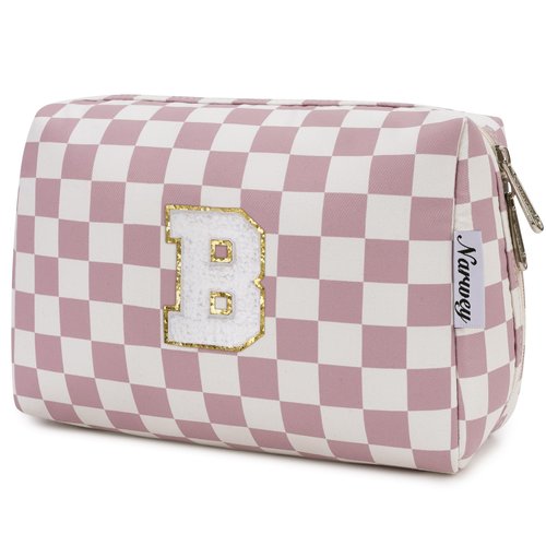 Narwey Personalized Initial Makeup Bag Toiletry Bag Gifts for Women Girls Large Checkered Makeup Bag Zipper Pouch Travel Cosmetic Bag Organizer for Women (Dusty Rose Checkerboard Letter B)