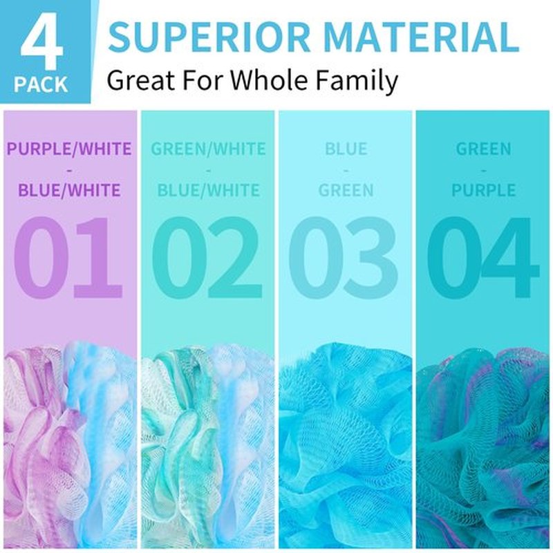 BCKENEY Bath Loofah Shower Sponge Body Back Scrubber Soft Mesh Shower Puffs Exfoliating Loofa for Women & Men Bath Accessories Cleaning Tool (4Pcs 75G, Extra Large)