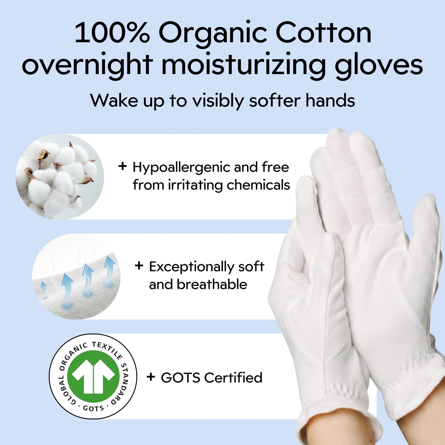 Clearbody Organics 100% Cotton Gloves for Dry Hands Sleeping, L, 5 Pairs