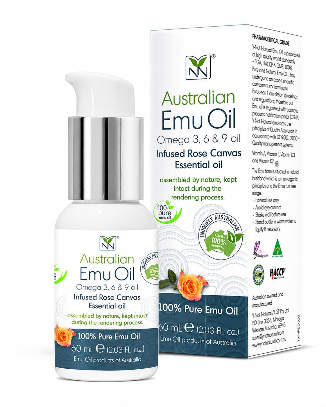 Y Not Natural Pure Emu Oil - Organic Moisture for Face, Body, Hair, Scalp & Nails - Rich in Omega 3-6-9, Vitamins & Essential Minerals - Australian Emu Oil (60ml) 2.03 fl oz - Rose Canvas