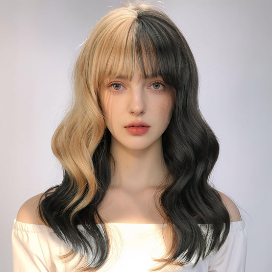 LINGHANG Black and Blonde Wig for Women Shoulder Length Wavy Wigs with Bangs Women's Synthetic Wigs Heat Resistant Hair for Cosplay Halloween Daily Party Use