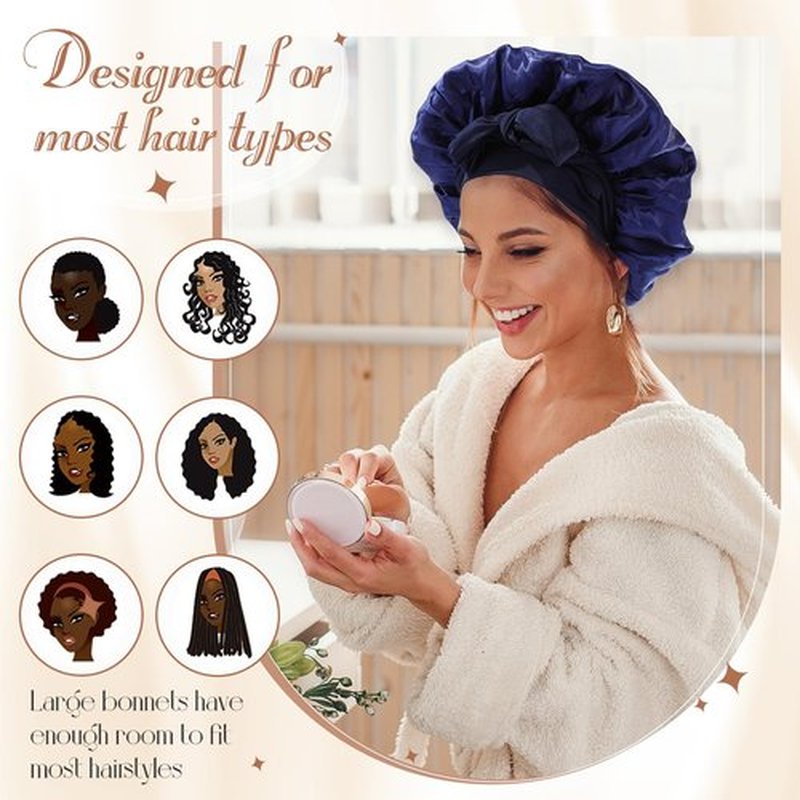 JaGely 4 Pcs Satin Bonnet for Women Tie Hair Bonnet for Sleeping Large 2 Layered Silk Sleeping Cap for Sleeping with 8 Pcs Hair Scrunchies Silk Sleep Cap Double Layer Satin Bonnets(Classic Color)